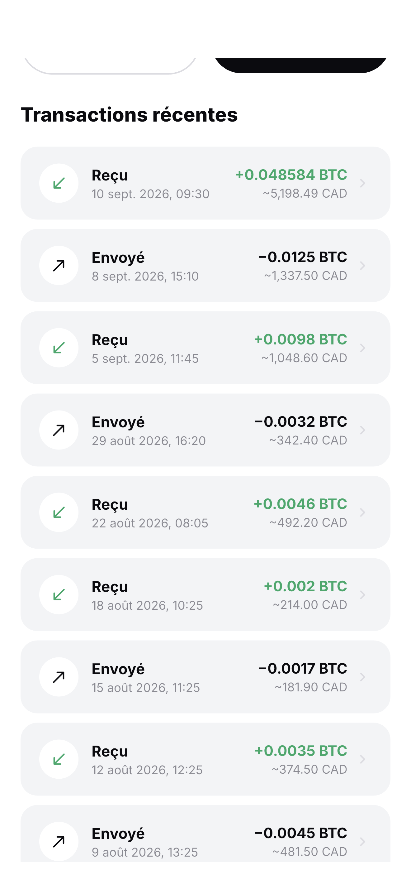 Historique de transactions de démonstration dans WEXR